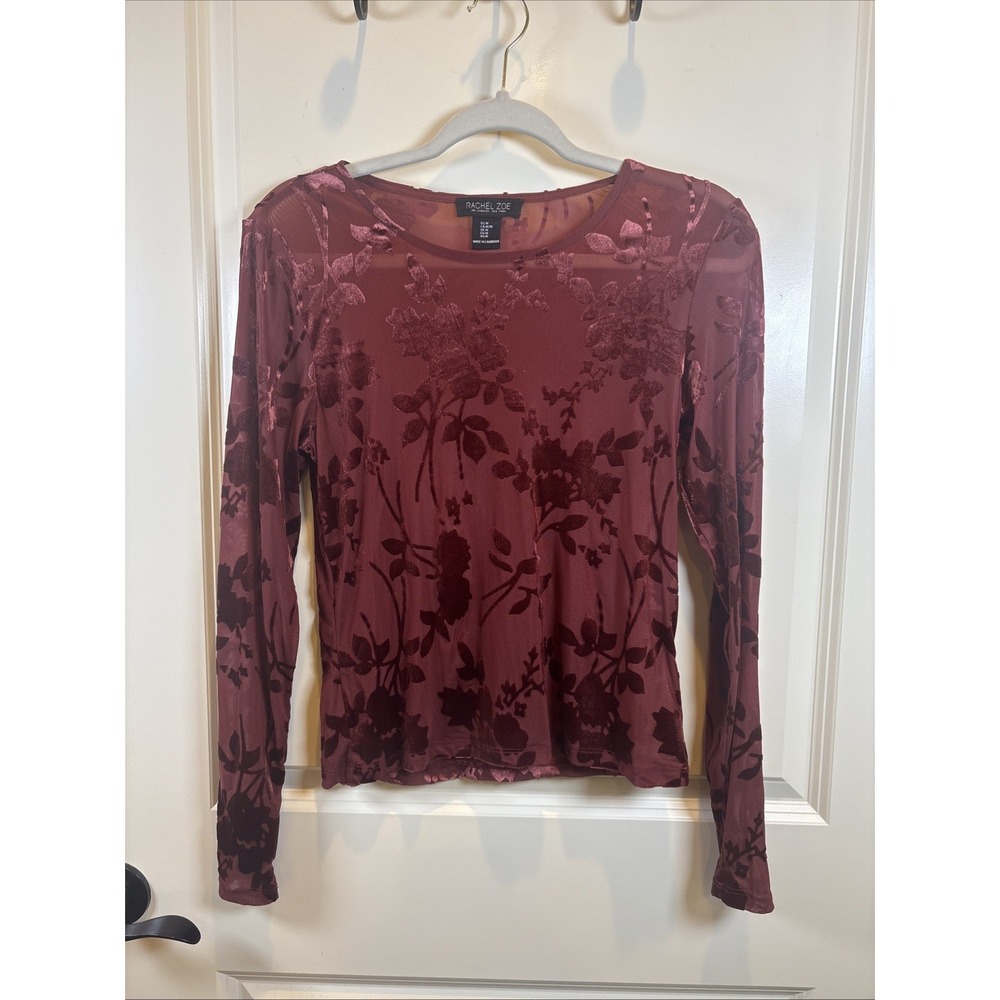 Rachel Zoe Burgundy Floral Velvet Long Sleeve Top Sheer Shirt Size Medium Goth